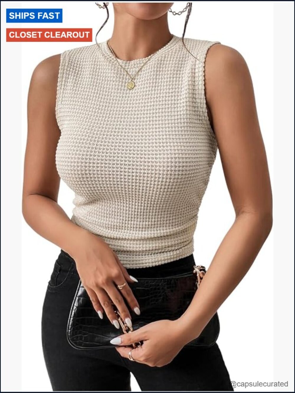 Crew Neck Tank Top Sleeveless Ruched Waffle Knit Dressy Casual Tops Womens